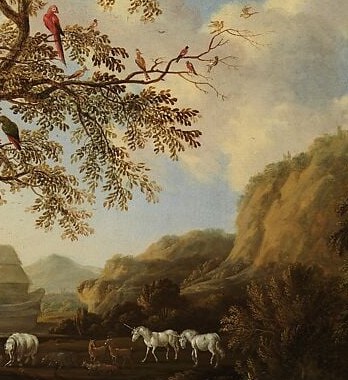 The largest animals in the composition; their bulk and warm color mass anchor the right side, balancing the human figure cluster on the left.