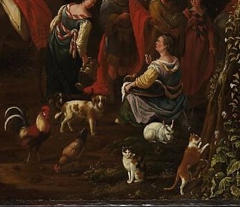 Swans traditionally symbolize grace and purity; their gliding posture contrasts the urgency implied by the loading scene above, creating a note of calm.