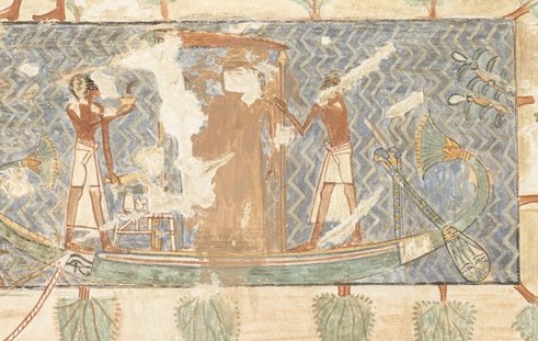 The boat is a key element of the funerary procession, symbolizing passage to the afterlife.