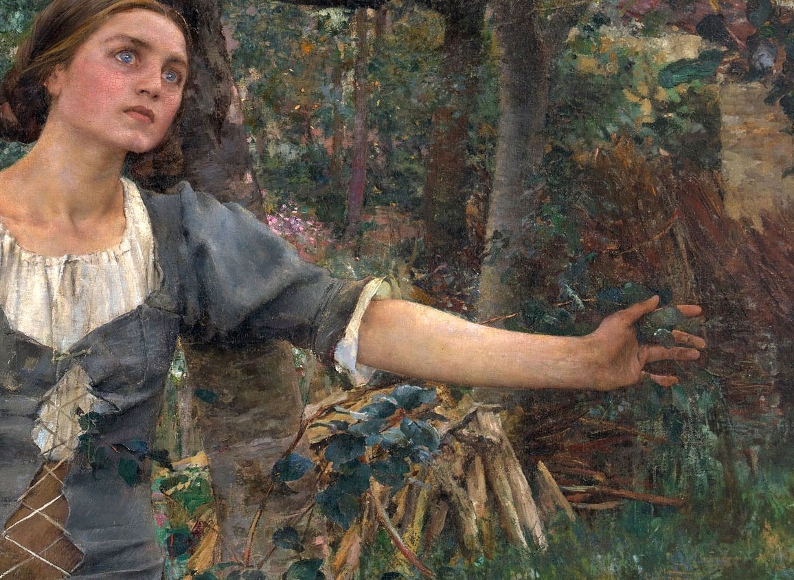 The arm reaches as if receiving or pointing, bridging the earthly garden and the supernatural vision , a gesture of involuntary surrender to the voices.