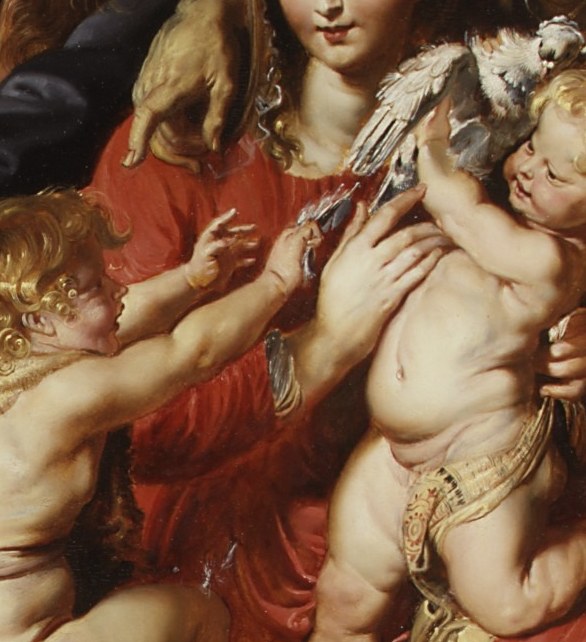 The soft, luminous flesh of the infant , almost phosphorescent against the rich red drapery , is Rubens' signature tour-de-force; it draws every eye and anchors the sacred identity of the scene.