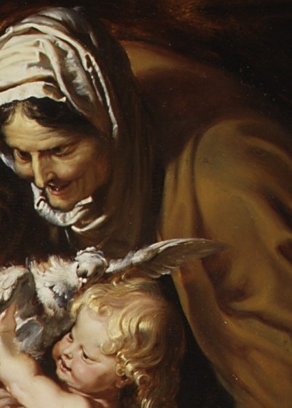 The white linen headdress frames a face mapped with age , a deliberate contrast to Mary's youth; Elizabeth's presence validates the scene as the Visitation's aftermath.