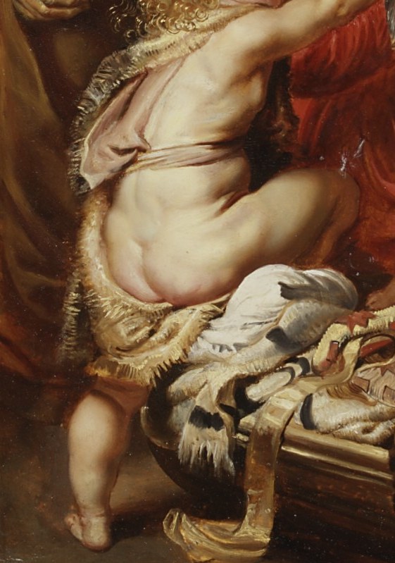 John's reaching arm and open palm mirror the adult Baptist's gesture of pointing toward Christ , the child already announces the adult mission; the foreshortening of his outstretched arm is technically ambitious.