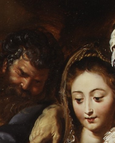 Her serene, slightly averted gaze , not ecstatic but quietly maternal , is the emotional anchor of the whole composition; a close-up reveals Rubens' subtle modelling of shadow beneath her brow.