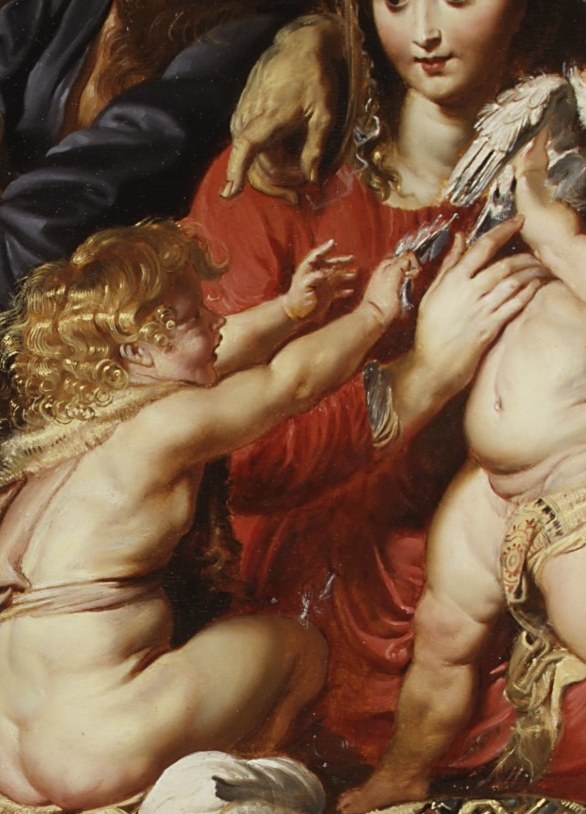 The thick impasto ridges catching light on the drapery are a masterclass in Flemish Baroque fabric painting; in close-up the brushwork becomes almost sculptural.