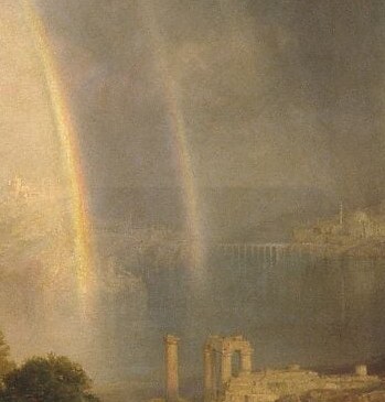 These free-standing columns anchor the right side; their verticality echoes the rainbow's curve and declares this a site of once-great civilization now in picturesque ruin.