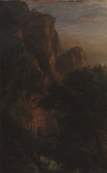 Likely representing the rock-cut tombs of Petra; the almost geological blackness creates a dramatic dark frame that makes the luminous sea beyond feel like an escape into light.