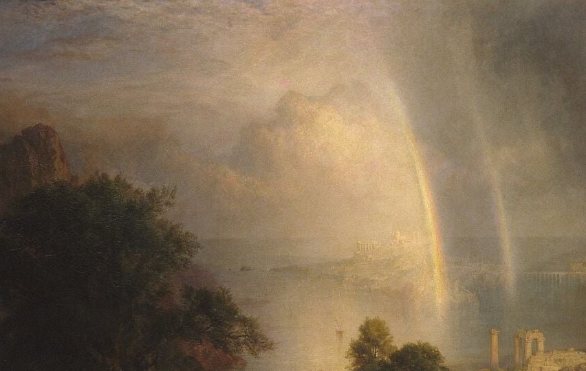 Church's showpiece luminism , the arc bridges the imaginary geography left to right, unifying disparate civilizations under a single covenant of light; the inner bow is brighter and the outer fainter but visible.