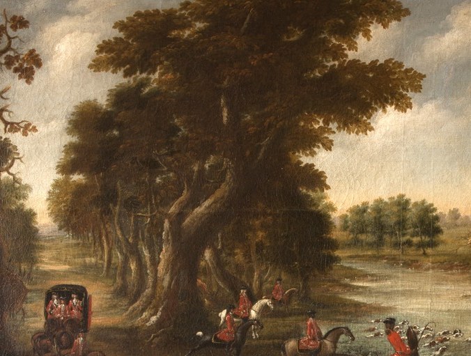 This massive tree dwarfs the human drama, asserting the permanence of the landscape over the fleeting hunt.