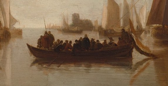 The density of figures suggests a bustling scene of daily life or transport.