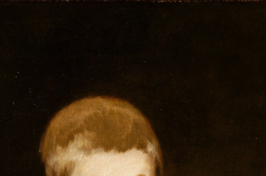 The warm copper tone is the brightest note in an otherwise dark palette, immediately drawing the eye to his youth and contrasting the somber court costume.