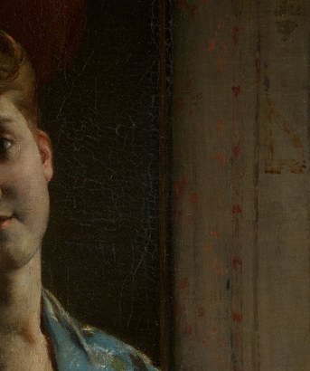 Her face, in reflection, reveals a quiet introspection.