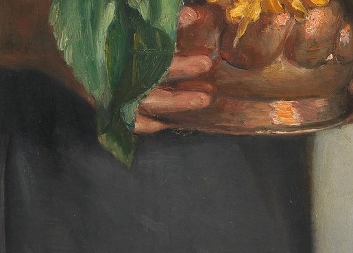 Her hands, gently cradling the vase, convey a sense of care and connection to the flowers.