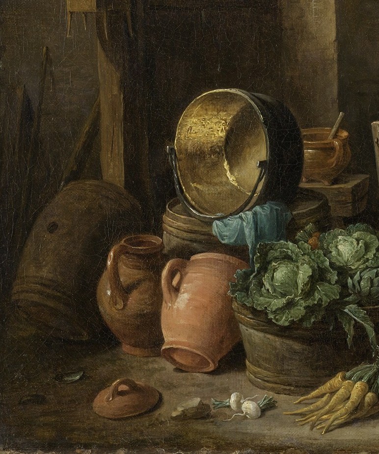 The objects at their feet, barrels, jugs, earthenware, are a subsistence inventory.