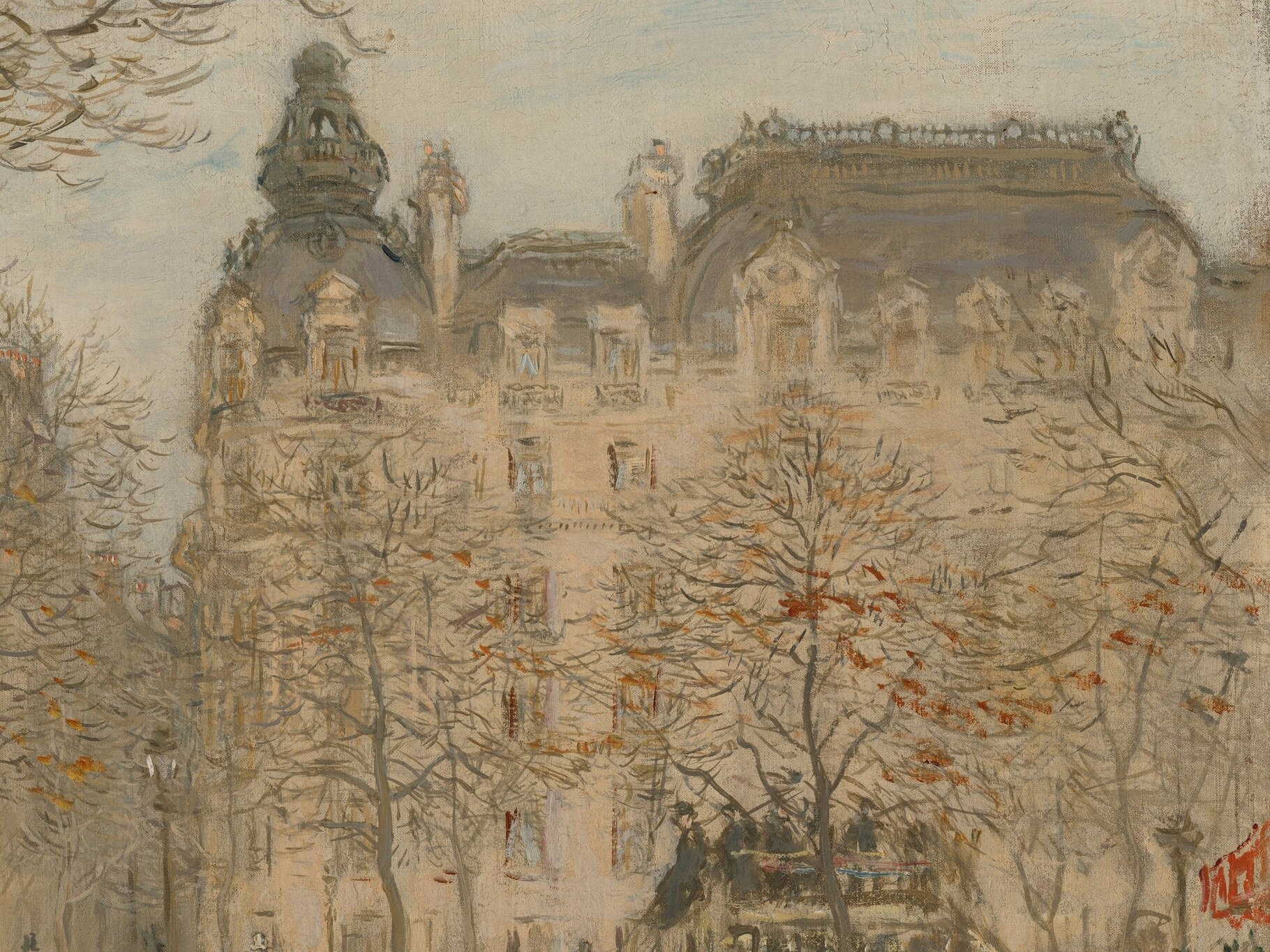 The architecture provides context and suggests the grandeur of the Parisian setting.