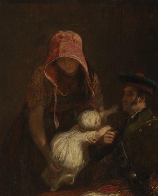 The elevated child creates a natural focal intimacy , Wilkie's signature tender parent-child moment