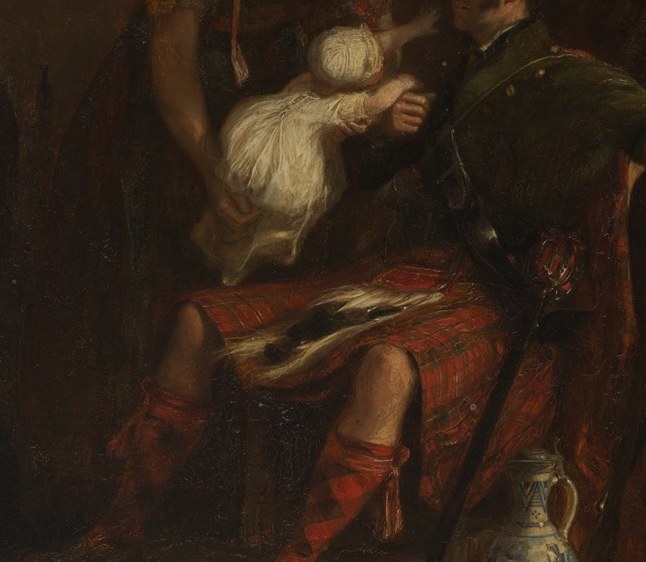 The father's tartan kilt. One year earlier, George IV visited Edinburgh in full Highland dress.