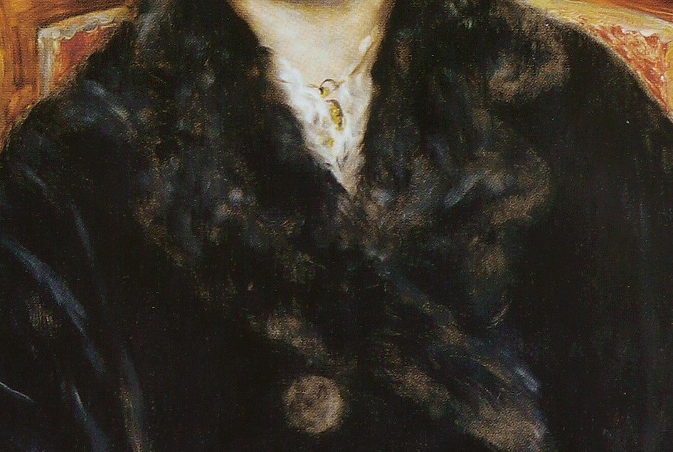 The dark fur collar speaks to her status and warmth.