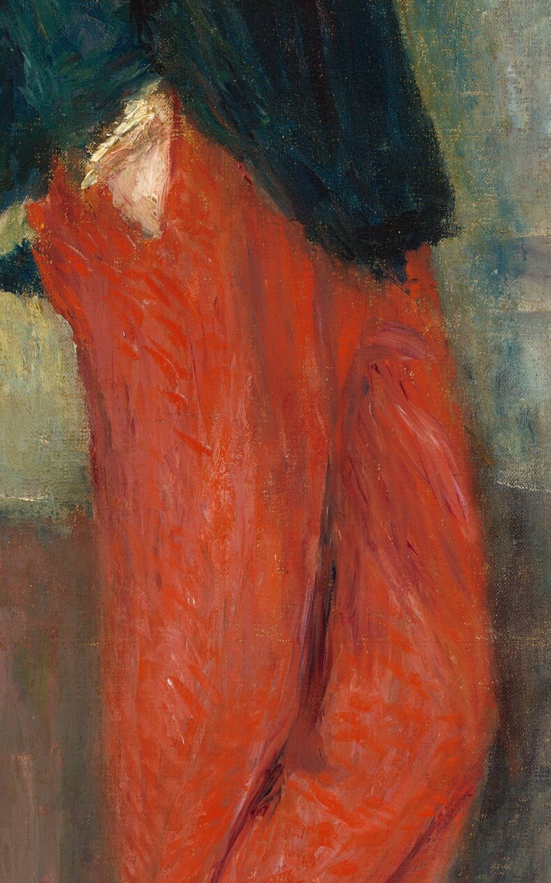Note the distinctive red trousers, capturing light and movement.