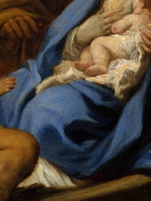 Swaddled infant at her breast; his small bundled form draws the viewer's eye down from Mary's face in a deliberate cascading movement engineered by the composition.