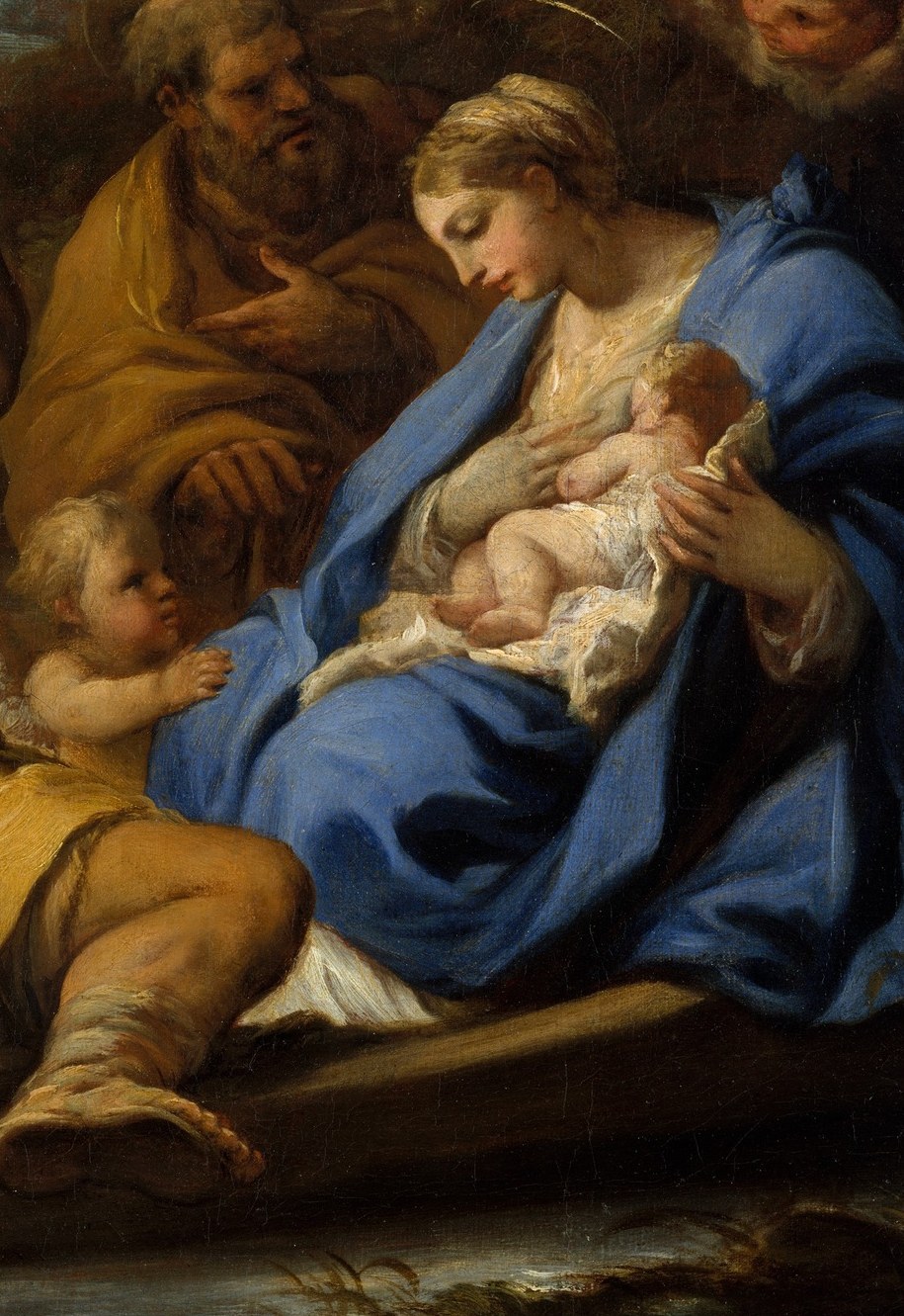 Giordano's bravura handling of deep ultramarine , the robe's folds pool dramatically at the base, demonstrating the Neapolitan school's love of saturated, optically vibrating cloth.