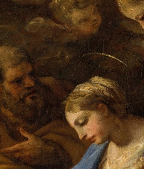 The emotional anchor of the composition , her bowed, tender gaze creates an intimate loop between mother and child, the hallmark of a nursing Madonna tradition.