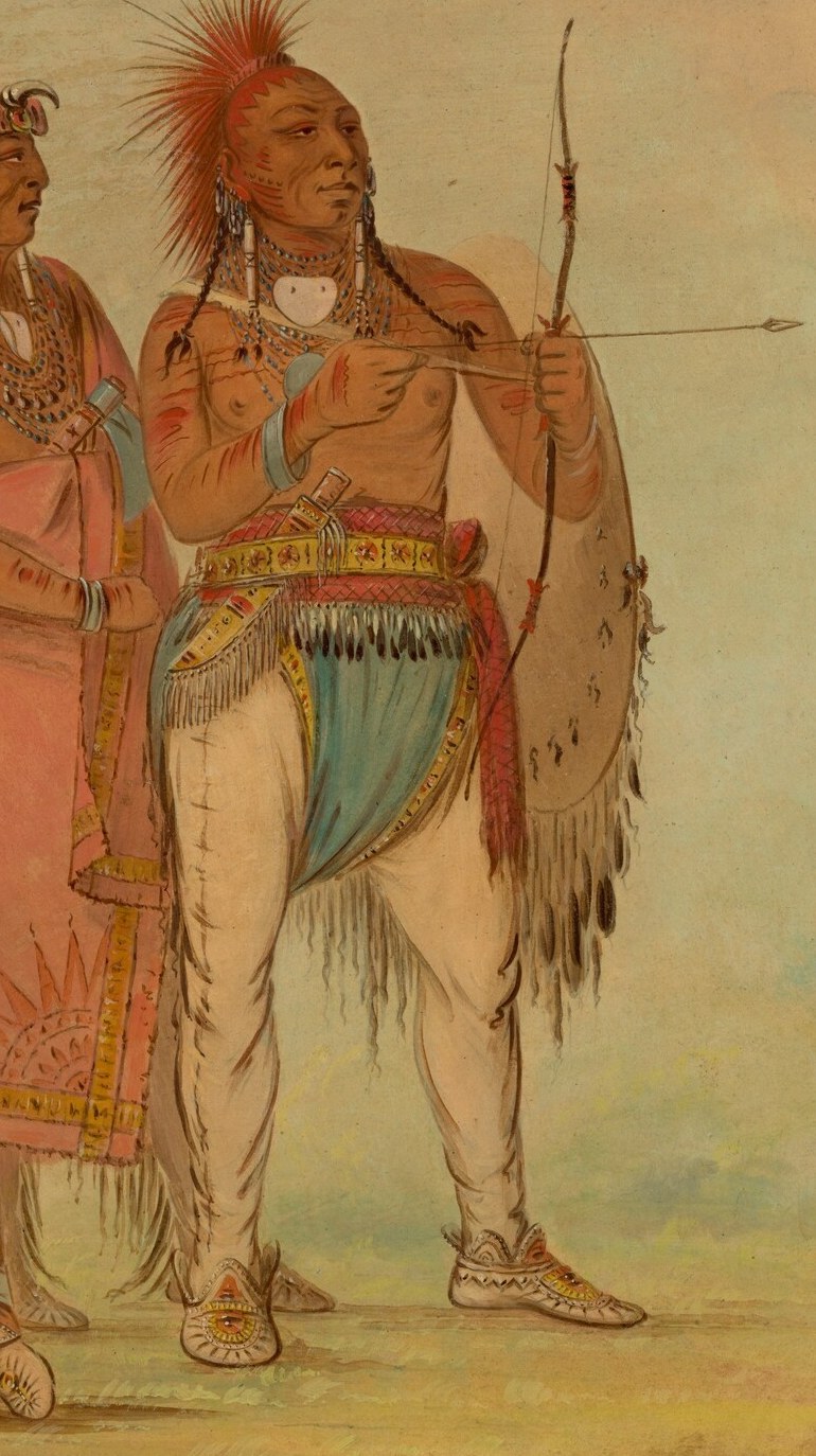 The ready stance and weaponry suggest a warrior or hunter, embodying strength and preparedness.