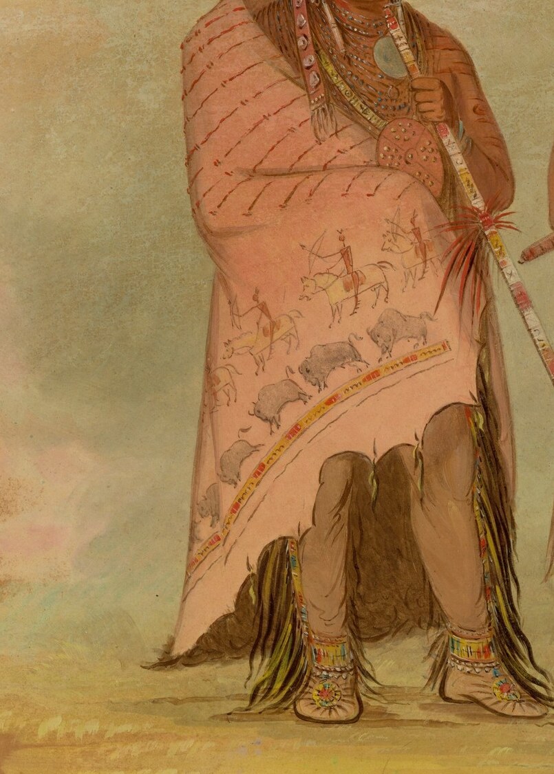 The detailed depiction of geometric patterns and fringe offers insight into tribal artistry and craftsmanship.