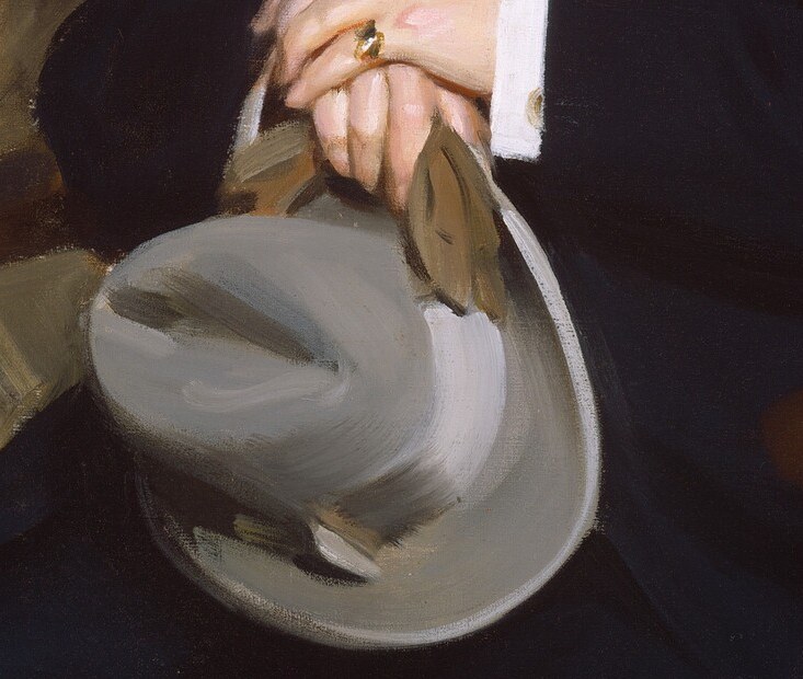 The hat is a social prop , a gentleman carries it rather than wearing it indoors, signaling ease and rank; Zorn models its form with visible, fluid strokes.