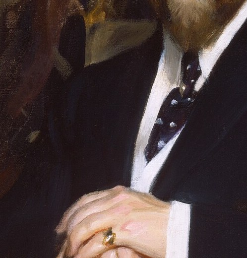 Formal dress details place this portrait squarely in Gilded Age convention , the costume codes power without military or aristocratic ornament.