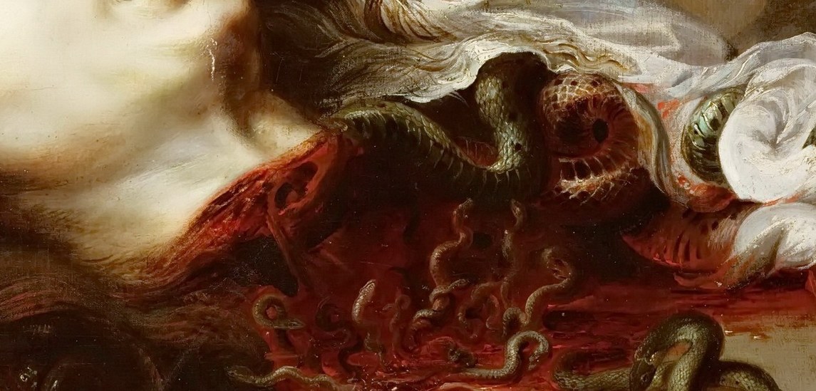 The graphic depiction of the wound and blood emphasizes the violence and finality of her demise.