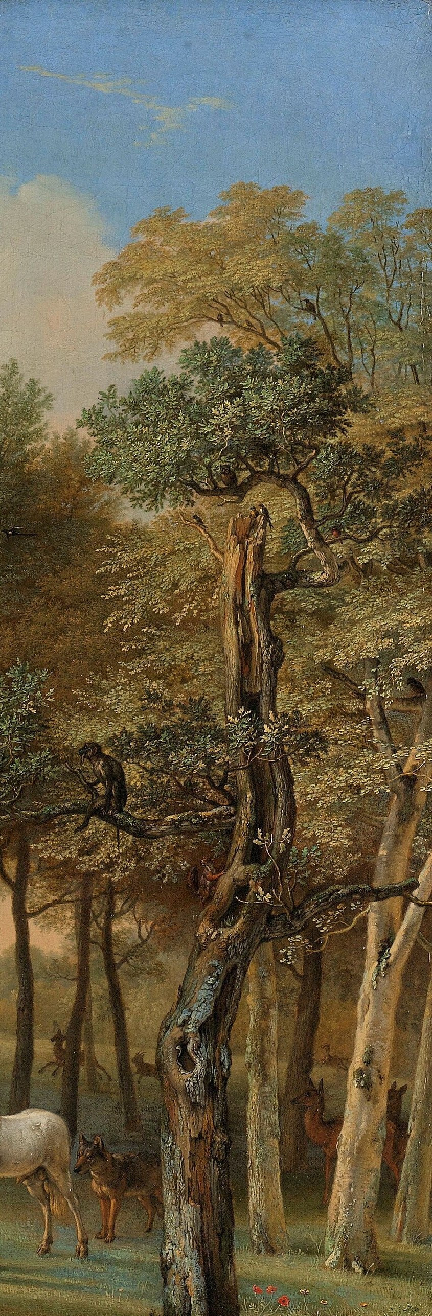 A compositional repoussoir device common in Dutch landscapes; the trunks create a natural proscenium arch and push the eye inward toward the lit sky.