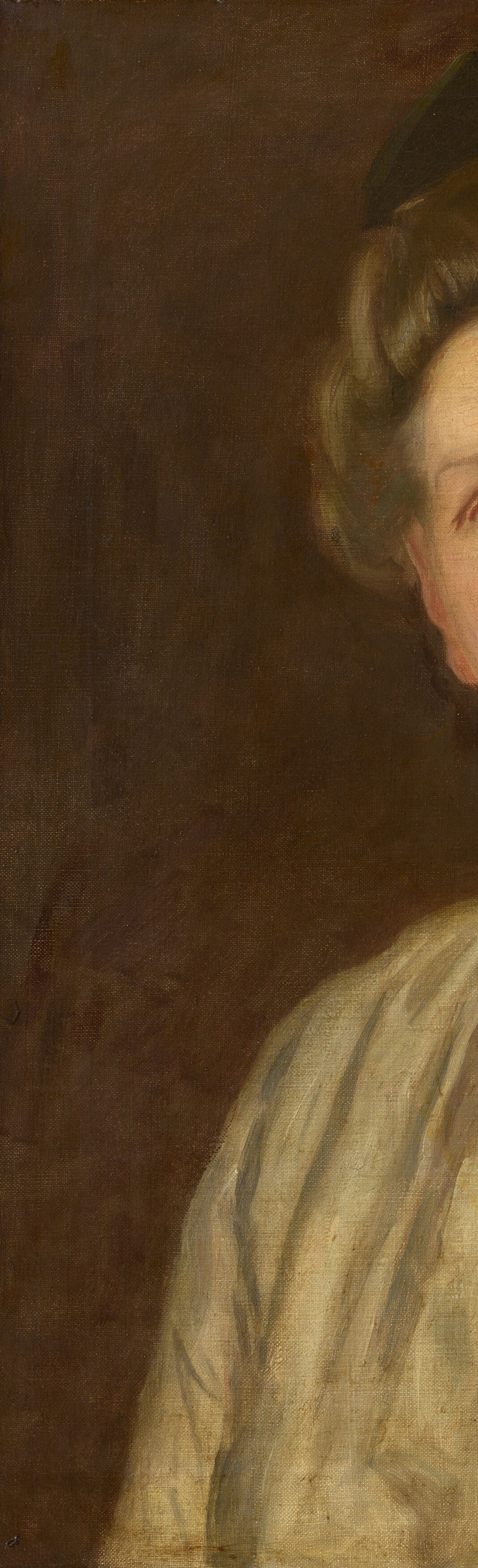 The deep, dark background isolates the sitter, drawing the viewer's attention to her and creating a sense of intimacy.