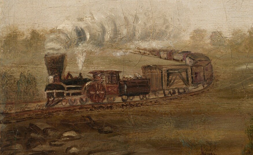 The locomotive is faceless, black, and breathing smoke.