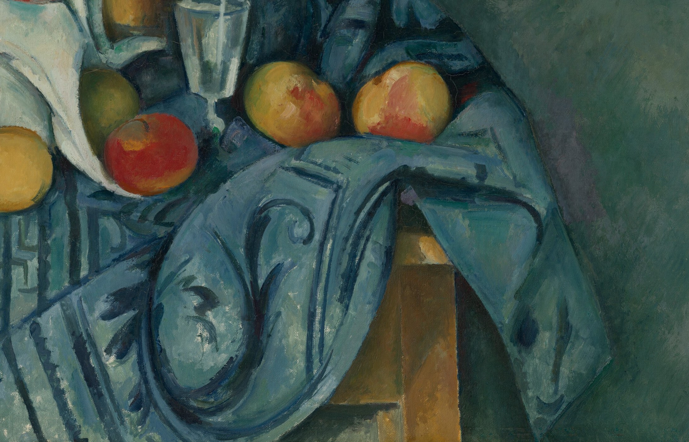 The rich, textured folds of the blue fabric dominate the lower half, adding visual weight and complexity.