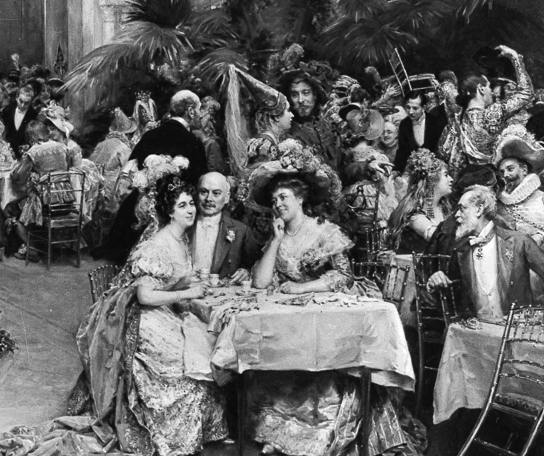 These observers occupy the privileged spectator role , their posed stillness against the dancing chaos reveals the social stratification of the event.