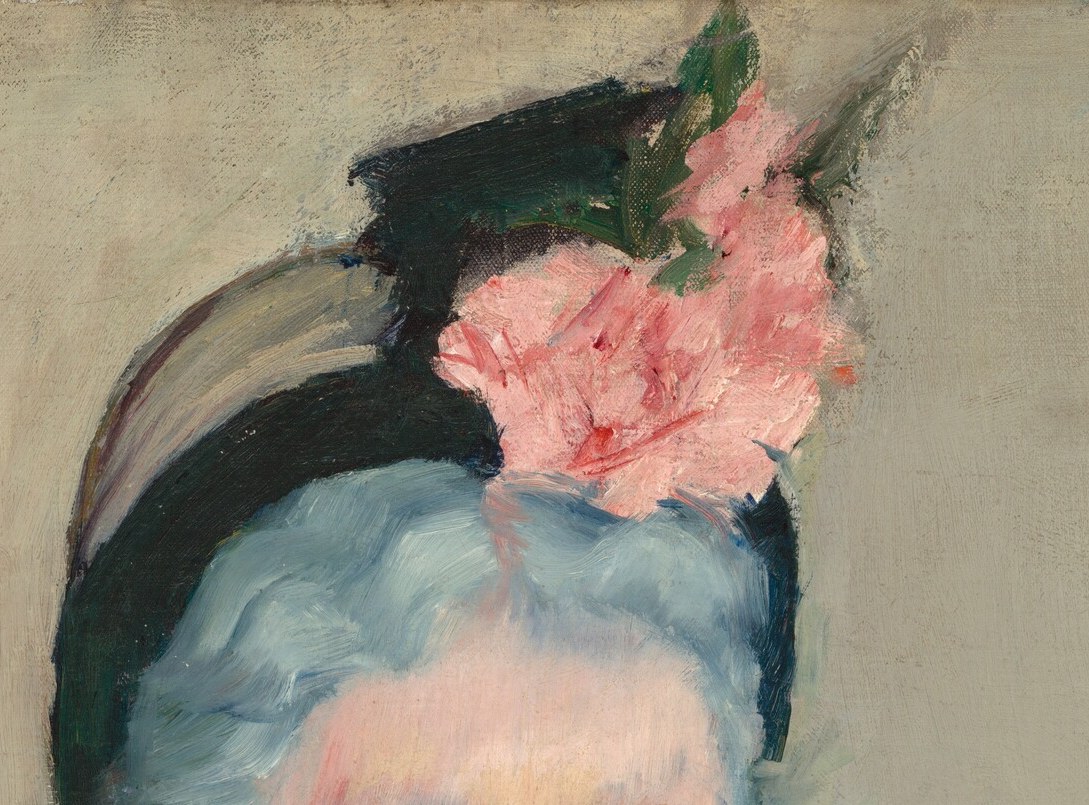 A deliberate color accent against the muted palette , the warm pink blooms sit lightly on white hair and signal the sitter's social class and femininity.