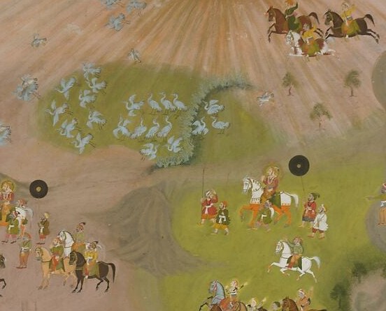 Compositional nucleus of the panorama , mounted aristocrats in active chase, the zone most likely to contain the patron himself at the center of action