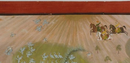 Divine or solar rays cascading over the hunt imbue the aristocratic sport with cosmic sanction , a Rajput device for glorifying the patron and elevating a worldly event to sacred drama