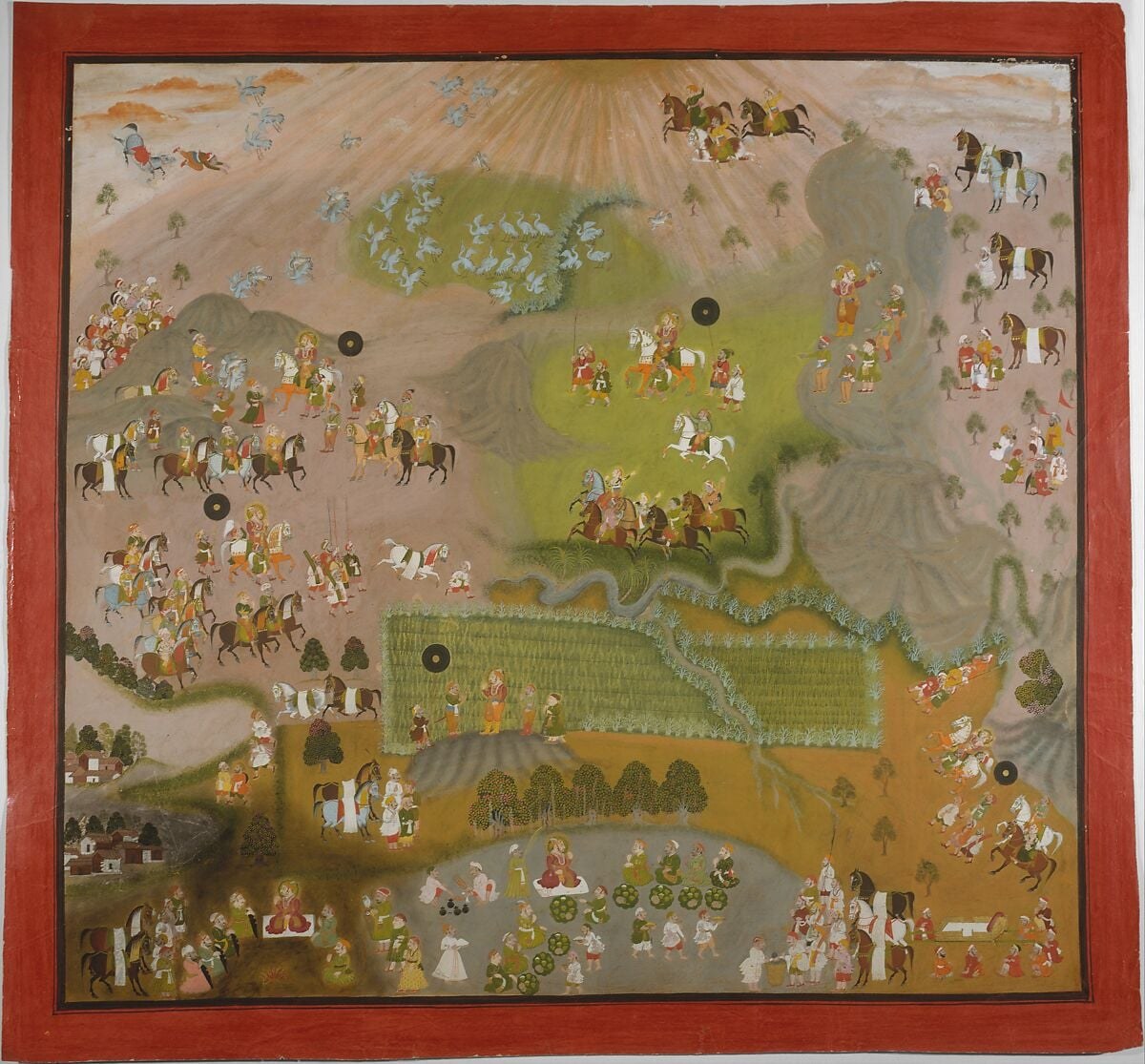 The bold red border is a characteristic Rajput court-commission marker , itself a status signal indicating this was made for a high-ranking patron with resources for costly materials