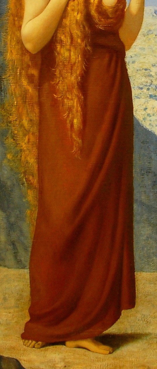 The rich color contrasts with the muted landscape, drawing attention to her presence and perhaps symbolizing passion or sacrifice.