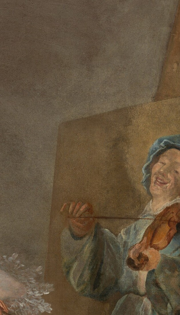 The laughing violinist on the in-progress canvas is a genre subject Leyster was famous for , a painting-within-a-painting that documents her actual market specialty.