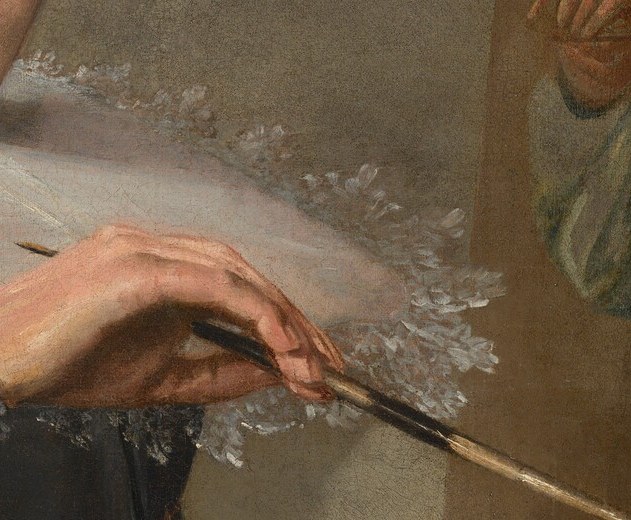 The brush is the key attribute of her identity as painter; its position mid-gesture signals active creation, not posed passivity.