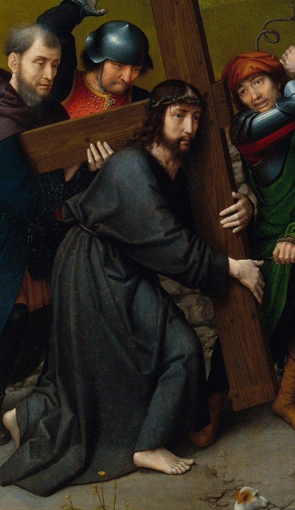 The hunched posture and strained body language carry the physical toll of the Passion more viscerally than the surrounding faces.