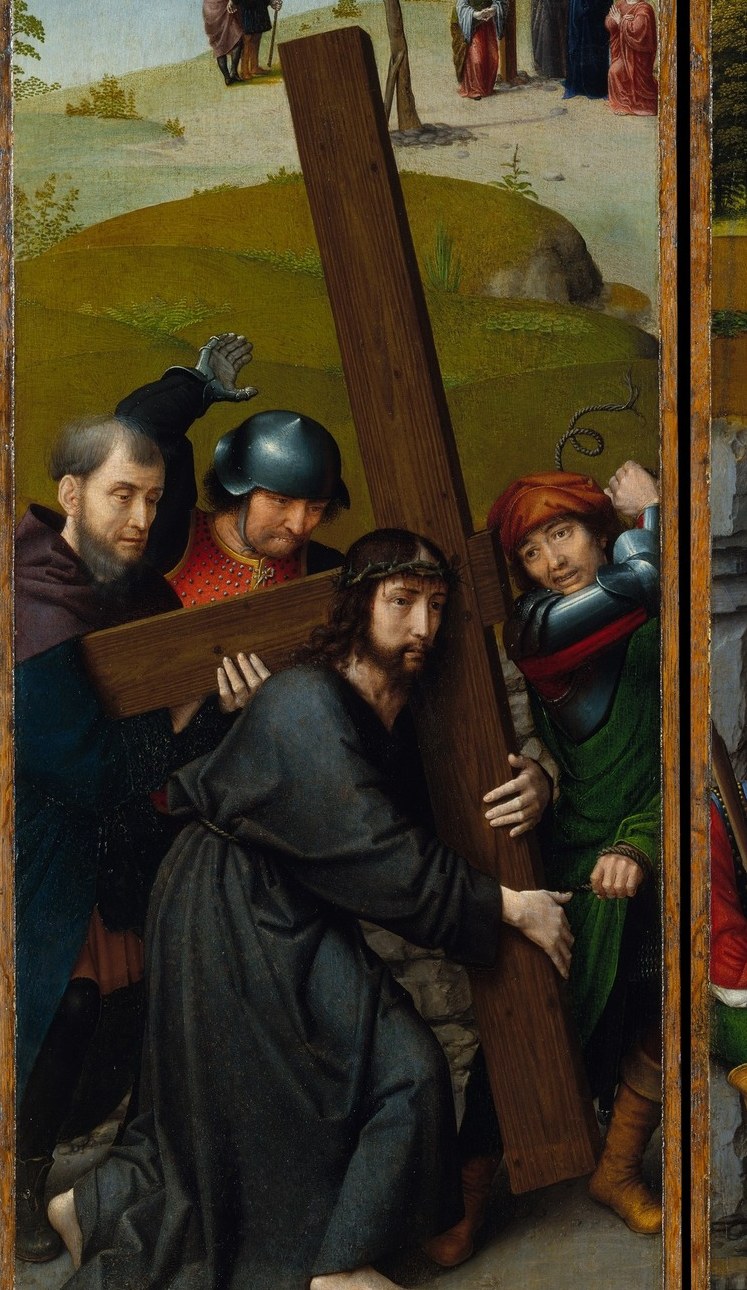 The cross bisects the entire left panel as a compositional axis, visually dividing crowd from victim and sky from ground.