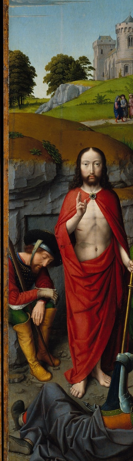 The erect, luminous posture is the exact visual counterweight to the hunched Christ on the left , the diptych's central theological argument made spatial.