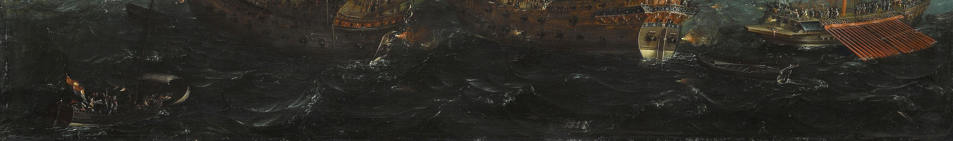 The dark, churning sea adds to the peril of their struggle.