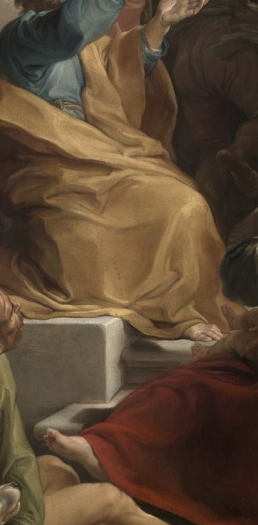 This figure anchors the foreground and appears to be a witness or participant, perhaps representing faith or despair.