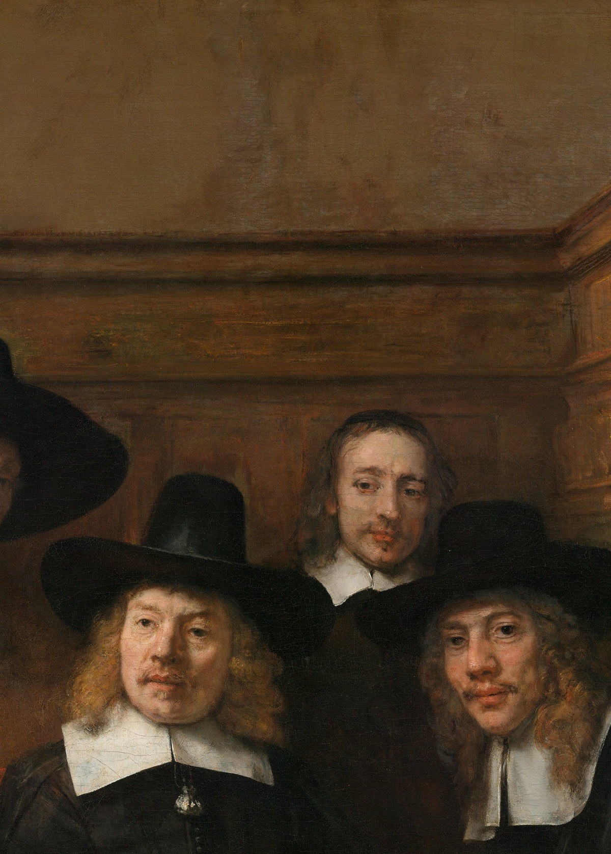 Rembrandt's boldest compositional choice , this figure is in motion, half-risen, giving the whole group portrait a candid energy that breaks the frozen-pose guild-portrait convention.