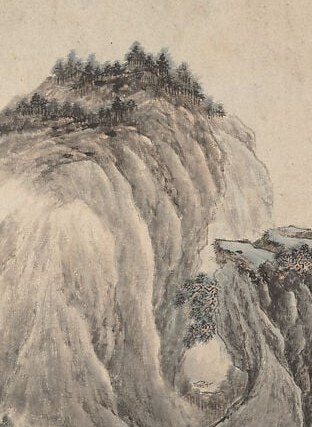 Dense parallel texture strokes cascade down the rock face in the manner of Dong Yuan and Juran , a showcase of the '披麻皴' (hemp-fiber cun) technique that defines the southern landscape school.
